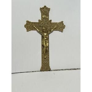 Vintage 9" INRI Filigree Crucifix, Gold Tone Jesus Christ on Metal Cross